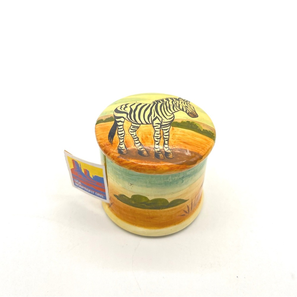 1993 Carol Sax Designs Paper Mache Stamp Dispenser Trinket Box African Landscape
